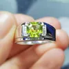 Кластерные кольца Мужчины кольцо естественного настоящего зеленого печи по перидоту 925 стерлинговое серебро 7 7 мм 1,8 -е дженетворе