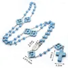 Chaînes 6mm Turquoise Perlé Croix Pendentif Chapelet Collier De Mode Géométrique Catholique Religieux Bijoux
