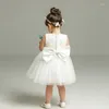 Mädchenkleider 2023 Blumenkleid für Kinder geborene Babys ärmelloses schlichtes Weiß mit großer Schleife Kleinkinder Prinzessin Tüll Ballkleider