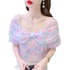 Camicette da donna Camicia in chiffon sexy con spalle scoperte Donna 2023 Estate Stampa floreale Top a maniche corte Nappa con perline Blusas Younger Lady