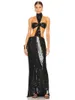 캐주얼 드레스 모드 피 흑인 유명인 저녁 반짝이는 스팽글 크로스 디자인 섹시한 등받이 고삐 긴 맥시 드레스 여자 패션 파티