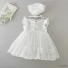 Robes de fille filles robes blanches été dos nu élégant fête de mariage robe de princesse enfants vêtements d'anniversaire avec chapeau