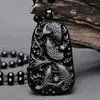 Pendant Necklaces Natural Black Obsidian 3D Carved Happy Four Fish Lucky Amulet Necklace With Adjustable Chain For Women Men Fine Jewelry