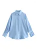 Women's Blouses Satin Women Chic Polo Collar Blouse Female Vintage Blue Silk Shirt Office Lady Loose Button Up Down Fashion Streetwear