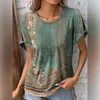 Women's Blouses Women Top Ladies T-shirt Round Neck Ethnic Flower Print Summer Pullover Colorfast Vintage Clothes