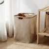 Basket Minimal Style Foldable Linen Laundry Storage Basket Bag Wooden Handle