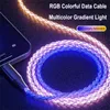 7 renk kademeli parlayan şarj kabloları 1m 3,3ft 66W süper hızlı şarj Type-C Type RGB LED USB kablosu