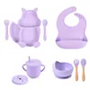 Cups Dishes Utensils 8Pcs/Set Baby Tableware Sets Silicone Non-slip Children Feeding Dinnerware Plate Bowl Cup Bib Spoon Fork Cultery Dishes BPA Free 230530