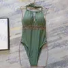 Traje de baño verde sexy con cuello en V Halter Bikini Retro para mujer Traje de baño de una pieza Traje de baño de vacaciones de verano