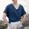 Women's T Shirts Women Flax T-shirt 2023 Summer V-ringen Kort ärm Casual Retro Tops Ladies Slim-Type All-Match