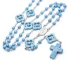 Chaînes 6mm Turquoise Perlé Croix Pendentif Chapelet Collier De Mode Géométrique Catholique Religieux Bijoux