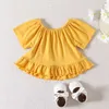 Conjuntos de roupas 3M-24M Baby Girl Amarelo Top de algodão com shorts florais e laço Terno de três peças para uso no verão