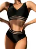 2023 New Solid Black Mesh Vita alta Bikini Set Costumi da bagno a due pezzi Costume da spiaggia da donna Estate P230530