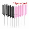 Hair Brushes 12 Pieces Parting Comb for Braids Teasing Combs with Stainless Steel Pintail for Hair Styling Hairdressing Color for Choose 230529