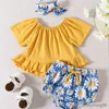 Conjuntos de roupas 3M-24M Baby Girl Amarelo Top de algodão com shorts florais e laço Terno de três peças para uso no verão