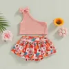 Conjuntos de roupas 2pcs meninas meninas roupas de verão ombro tampo sólido e arco -íris/shorts de saia estampada floral