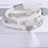 Charm Bracelets FYJS Unique Banhado a Prata Couro Multicamada com Borlas Pulseira Para Mulheres Elegantes Muitas Cores Ágatas Jóias