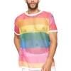 Regenboogmesh voor heren Zie door visnet T -shirt Nieuwe korte mouw transparant t -shirt homme hiphop streetwear camisetas 5xl