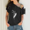 T-shirts pour femmes Mignon Plume Oiseau Dessin Animé Lettre Imprimer Femmes Lâche Irrégulier T-shirt Amant Cadeau Sexy Skew Neck Cross Bandage Tops Pour