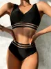 2023 New Solid Black Mesh Vita alta Bikini Set Costumi da bagno a due pezzi Costume da spiaggia da donna Estate P230530