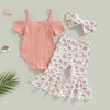 Giyim Setleri Bebek Kız Bebek Yaz Giysileri Yürütüllü Omuz Bowknot Düğmesi Romper Çiçek/Gökkuşağı Baskı Pantolon Kafa Bandı Seti