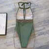 Sexig grön badkläder V -hals halter bikini retro kvinnor en bit baddräkt sommarlovsbaddräkt