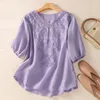Women's Blouses Summer Women Short Sleeve Ethnic Style Tops Casual Shirt Cotton Linen Blouse Floral Embroidery V-Neck Loose Clothes 26839