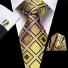 Bow Ties Plaid Yellow Grey Silk Wedding Tie For Men Gift Mens Necktie Handky Cufflink Set Fashion Business Party Dropship Hi-Tie Designer