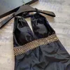 Traje de baño negro con cuello en V Bikini halter para mujer Traje de baño vintage de una pieza Traje de baño de playa de verano