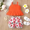 Ensembles de vêtements nouveau-né bébé fille été orange sans manches sans bretelles bouton jupe courte short imprimé floral costume mignon