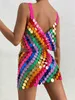 Fashion Rainbow Sequins Dress Colorful Beads Backless Crop Tops and Side Slit Mini Skirt Party Club Festival Outfit
