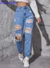 Dżinsy damskie denimcolab Nowy wysoki talia Rubed Dżinsy Kobieta moda myj bawełniany dżinsowy pant lame High Streetwear Prosty dżinsy T230530