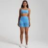 女性用トラックスーツ2023女性セットジムトレーニング服セットランニングスポーツスーツ2PCSクロスバックフィットネスブラジュンとハイウエストショーツストレッチソフトJ230525