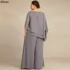 Grey Chiffon Chic Mother's Suits For Wedding Lace Beaded Long Sleeves Summer Pants Loose Fashion Formal Occasion Wear Plus Size Mother Of Bride Groom Clothes CL2326