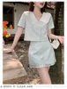 Schattige kleurblok van dames Peter pan kraag korte mouwtop en rok 2 pc -jurkpak Twinset SMLXL