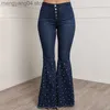 Jeans feminino jeans de cintura mid Stretch jeans calças jeans larga perna larga perna para o estilo casual de estilo coreano de sino de sino de bolso de bolso T230530