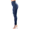 Hög midja rippade jeans för kvinnor blå byxor plus storlek mager denim pojkvän spets smala stretch hål blyertsbyxor väska kvalitet kvinnlig