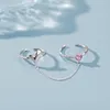 Cluster Rings Real 925 Sterling Silver Love Heart Open Ring Chain Dubbele Zwart kleurvinger Fijne sieraden voor vrouwen