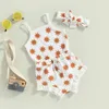 Completi di abbigliamento Pagliaccetti estivi per neonata Set Tuta senza maniche con stampa arcobaleno e stampa arcobaleno e pantaloncini con volant casual Fascia per capelli