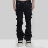 Jeans pour hommes mode évasé déchiré en détresse Streetwear pantalon en Denim noir rubans longs tendance homme