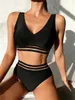 2023 New Solid Black Mesh Vita alta Bikini Set Costumi da bagno a due pezzi Costume da spiaggia da donna Estate P230530