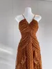 Sıradan elbiseler 2023 yular boyun kolu retro nokta baskı kadınlar kademeli fırfır kenarı zarif uzun ipek elbise
