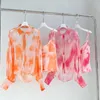 Women's Blouses Silk High Quality Tie Dye Printed Women Single Breasted Sheer Lantern Sleeve Sexy Backless Shirts Top With Tank