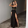 Casual Dresses 2023 European And American Women's Winter Sexy Slim Fit Black Knitted Bra Tie Waist Split Long Dress