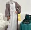 エスニック服eid eid satin open abaya dubaiターキーバブルスリーブ女性のためのイスラム教徒ファッションヒジャーブドレスイスラムkaftan yamono femme musulmane 230529