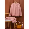 Women's Sleepwear Sleeping Wear Set For Women Solid Color Round Neck Plush Pajamas Woman Winter Plus Size Flannel Thick Home Clothes