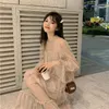 Casual klänningar 2023 Kvinnor Summer Flare Sleeve Bling Star Sequined Ruffles Axless Dress Lady Elastic Mesh Gaze Voile Pleiled Midi Chic