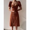 Party Dresses Sexig Slim U-hals Single Breasted Long Dress Women Office Lady Lady A-Linen Ladies Elegant Puff Sleeve Robe Longue 25821