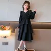 Girl Dresses Girls 'Retro Black Ruffle Cake-jurk met lange mouwen V-hals 2023 Spring Midden-Length Trend