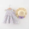 Fille robes 2 pièces été bébé enfant en bas âge vêtements coréen mignon grand arc sans manches fleurs coton infantile princesse robe ensembles BC399